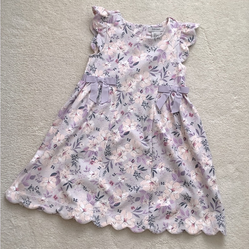 EUC Haute Hippie Floral Lavender Pink Kids Dress Scalloped Sleeves Hem 6
